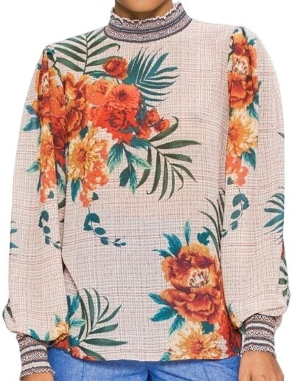Jealous Tomato Blouse High Neck Tropical Houndstooth Print Balloon Sleeve Tan S
